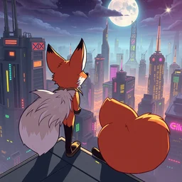 an anthropomorphic fox with a fluffy tail staring over a futuristic city from the top of a roof, highly detailed, trending on furaffinity, cyberpunk, backlighting, cartoon