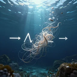the threads of reality are unraveling right to left in an underwater scene lit from above, unreal engine