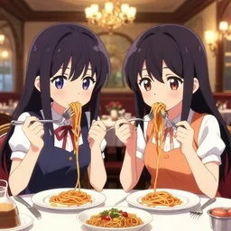 the bogdanoff twins eating pasta with plungers instead of forks in a fancy italian restaurant in the style of doki doki panic