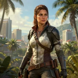 fallout 5, charismatic beautiful rugged brunette female protagonist, portrait, outdoors tropical cityscape, atmospheric lighting, painted, intricate, volumetric lighting, beautiful, daytime, sunny weather, few clouds, sharp focus, deep colours, ultra detailed, art by william turner