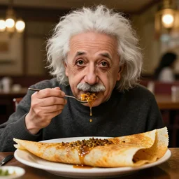 A photo of Albert Einstein eating masala dosa, highly detailed, trending on artstation, bokeh, 90mm, f/1.4