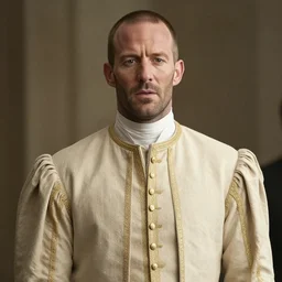 jason statham cast as dijkstra in the witcher netflix series, wearing beige and gold fabric clothing, dressed like a member of the aristocracy