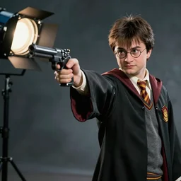 harry potter pointing a gun, 1 5 0 mm, studio light