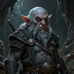 A fantasy comic book style portrait painting of a eerie gray dwarf in a cavern setting, unreal 5, DAZ, hyperrealistic, octane render, RPG portrait, ambient light, dynamic lighting