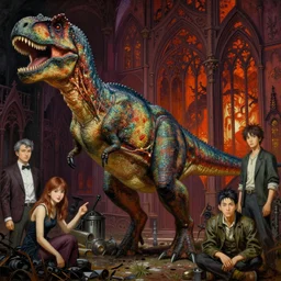 realistic detailed image of a t-rex dinosaur by Ayami Kojima, Amano, Karol Bak, Greg Hildebrandt, and Mark Brooks, Neo-Gothic, gothic, rich deep colors. Beksinski painting, part by Adrian Ghenie and Gerhard Richter. art by Takato Yamamoto. masterpiece