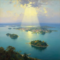 a beautiful painting of a A paradisiacal landscape of a sea lagoon surrounded by islands and city built on water,  rays of light illuminating the water by John Howe, Trending on Artstation, Landscape vista