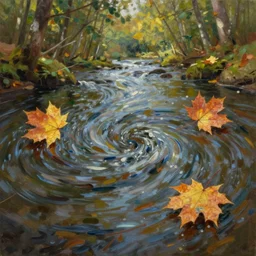 a small eddy in a forest river, two maple leaves circle around on opposite sides at the edges of the whirlpool, midday, oil painting, beautiful