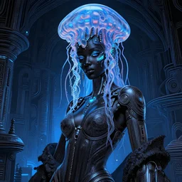 portrait of an absurdly beautiful, graceful, sophisticated, fashionable black cyberpunk mechanoid gravure idol, hyperdetailed illustration by irakli nadar, adut akech, matt wisniewski style, intricate linework, dark black skin, box jellyfish headdress, day - glow facepaint, unreal engine 5 highly rendered, global illumination, blue light, detailed and intricate environment