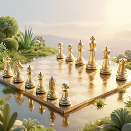 highly detailed chess game by antoni gaudi, reflective lighting, holographic, stylized vegetation, puddles of gold water, stunning sunny lighting, sunrise, by vincent van gogh and john berkey, 8 k, matte painting, ray tracing, unreal engine 5, octane render, cyberpunk, vibrant