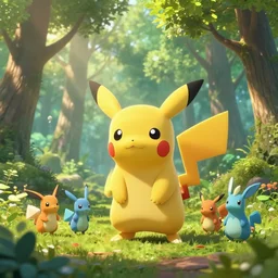 beautiful digital fantasy illustration of a hyperrealistic pokemon, cute smiling attractive pokemon, the trees of a green woodlands glistens as the morning sun touches its leaves with her gentle rays. pokemon of various shapes, sizes, and colors walk through the forest by alena aenami and arthur adams, octane render, detail texture, unreal engine, 8 k