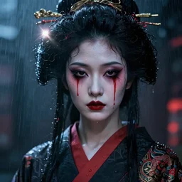facial portrait of a asian poltergeist android with dark smeared makeup, wet curly hair, red tears, raindrops on the skin, geisha, a dark cyberpunk background, lens flare, rain, deep focus, d & d, intricate, elegant, highly detailed, photo, artstation, blade runner, 8 k, sharp focus, octane, unreal engine 5, global illumination, radiant