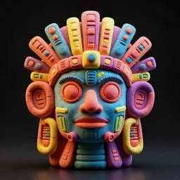 claymodel of a cyberpunk aztec futurism robot head, 8 k, symetrical, flourescent colors, halluzinogenic, multicolored, black background, 3 d render,