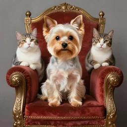 white yorkshire terrier sitting on throne, cats sitting around throne, portrait art by donato giancola and greg rutkowski, realistic face, digital art, trending on artstation, symmetry
