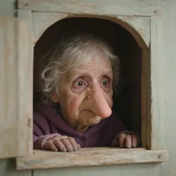 little old snot bougar woman creature living inside a snotty nostril home