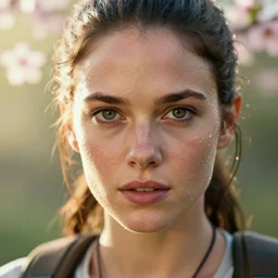 dew, dew covers lara croft's face, focus on her face, sunlight, bloom effect