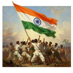 a cinematic dramatic scene of indian freedom fighters hoisting a colossal indian flag. oil on canvas, by carl gustav carus, by greg rutkowski, trending on artstation, featured on pixiv, masterpiece, cinematic composition, brilliant lighting, highly detailed, hd, 8 k
