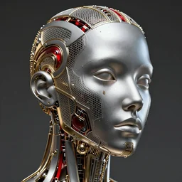 a melancholic realistic 8k Sculpture of a complex robotic human face, liquid simulation, dramatic lighting, silver gold red details, hexagonal mesh wire, filigree intricate details, cinematic, fleshy musculature, white blossoms, elegant, octane render, 8k post-processing, intricate artwork by Tooth Wu and wlop and beeple and dan mumford and greg rutkowski