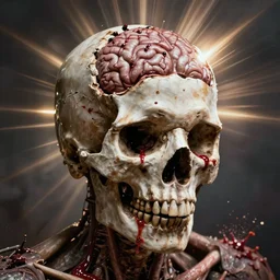 human with skull smashed open showing brain guts and blood realistic