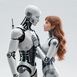 male cyborg in love with female android, by gaston bussiere, anna nikonova aka newmilky, greg rutkowski, yoji shinkawa, yoshitaka amano, tsutomu nihei, muira, moebius, donato giancola, trending on artstation, featured on pixiv