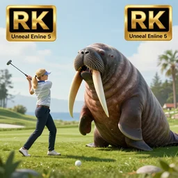 a walrus attacking a blond golfer, fantasy artwork, hd, hdr, ue 5, ue 6, unreal engine 5, cinematic 4 k wallpaper, 8 k, ultra detailed, high resolution, artstation, award winning
