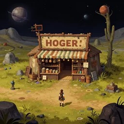 in front of a general store in a remote outpost, on an alien planet, from a space themed point and click 2 d graphic adventure game, set design inspired slightly by [ [ hg giger ] ] and tomb raider, art inspired by thomas kinkade and greg rutkowski