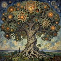 divine chaos engine by roger dean and andrew ferez, art forms of nature by ernst haeckel, tree of life, symbolist, visionary, art nouveau, organic fractal structures, surreality, detailed, realistic, ultrasharp