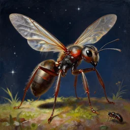 A detailed painting of an anthropomorphic  ant queen standing on her hind legs with large legs and a pair of insect wings, stars in the background,  formian pathfinder,  digital art 4k,  Wayne Barlowe Greg Rutkowski