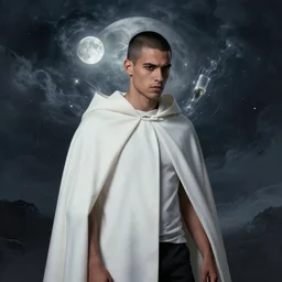 portrait of a ( ( ( champagne ) ) ), ( ( bellaco joven hombre cubano ) ), white cloak, tormenta y magia, la luna, pelo buzzed, concept character, by greg rutowski and mucha and bierstadt and remington, trending on artstation
