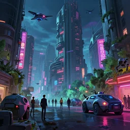 exterior shot, dystopian city. george orwell 1984 society, drones, people walking around, depressing, scifi futuristic vehicles, robots  , people  , police state, neon lights, james gurney, katsuhiro otomo, james paick, cinematic lighting, artstation, vibrant nature, anime style, Craig Mullins, Greg Rutkowski, Pete Morbacher, Tuomas Korpi, tekkon kinreet, volumetric light, artstation, , octane render, redshift render, low angle camera, HDRI