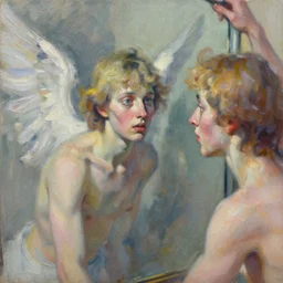 highly detailed expressionist oil painting of a mirror!!!! reflection of a angel, expressive, impasto, pastel shades, rough canvas textured, dynamic pose, top lighting, loose brush strokes, perfect face, hyper detailed face, digital painting, artstation, concept art, hyper detailed eyes, art by sam spratt and peter mohrbacher and james jean