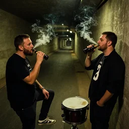 two thugs in a long dark tunnel smoking and drinking listening to drum & bass, football hooligans
