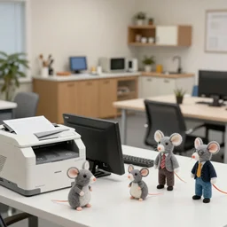an accounting firm staffed by different types of felted toy mice, with a xerox machine, computers, kitchenette and conferenceroom