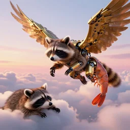 the ancient world, hyper complexity, highly detailed, cinematic lighting, pastel colored sunrise, flying robotic racoon with gold metal huge wings on its back in the cloudy sky, sharp outlines, complete whole shrimp body, another sleeping racoon face in the clouds watching each other, hyperrealistic, trending on pixiv fanbox, love death robot,