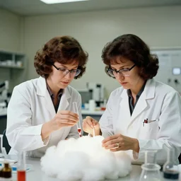 realistic photo two female scientists doing an experiment with a cloud 1 9 9 0, life magazine reportage photo