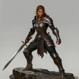 Female barbarian, black pants, heavy brown metallic armor, swords, gorgeous and beautiful, light brown messy hair, dark skin, brown eyes, detailed face, battle stance, high fantasy, extremely detailed, alone, on a rock, DND, D&D, matte painting, by wlop and peter mohrbacher, no boobplate!