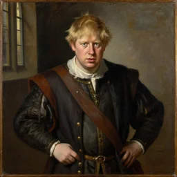 boris johnson as a peasant from 1 2 th century england, exhibited in the british museum, oil on canvas, art, restored painting, 1 2 th century