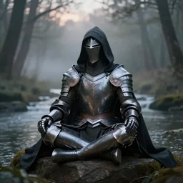 hooded knight in a cape and shiny armour meditating in a foggy forest at dusk by a river professional photography, elegant, highly detailed, sharp focus