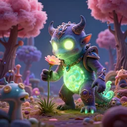 Magical luminescent friendly Golem smelling a flower on a biome of oddities style by genshin impact, cotton candy trees,  cinematic shot, intricate, ornate, photorealistic, ultra detailed, realistic, 100mm, photography, octane, high definition, depth of field, bokeh, 8k, behance, artstation