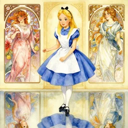 a beautiful watercolor painting of alice in wonderland, reflexions, verry high details, colorfull, by william turner art, by greg rutkowski, by alphonse mucha, by james jean, by rossdraws, by frank franzzeta, by sakimichan, trending on artstation, very very detailed, masterpiece,