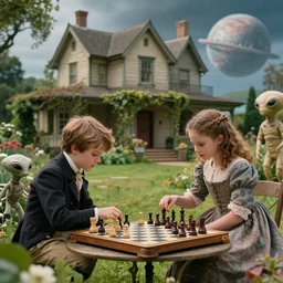 sharp, highly detailed, 4096k film, 1750mm film still from a sci fi blockbuster color movie made in 2019, set in 1860, of a boy and a girl playing chess with their small pet humanoid alien creature, in the garden of a house on an alien planet, are all wearing 1860s era clothes, good lighting, in focus, 350mm f/1.4L lens