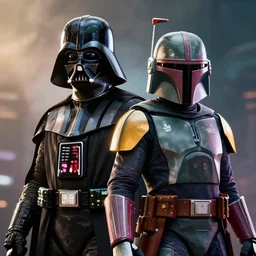 darth vader and boba fett standing proudly shoulder to shoulder ultra realistic, lens flare, atmosphere, glow, detailed, intricate, full of colour, cinematic lighting, trending on artstation, 4 k, hyperrealistic, focused, extreme details, unreal engine 5, cinematic, masterpiece, ultra realistic, hyper realistic, highly detailed, sharp focus, digital art
