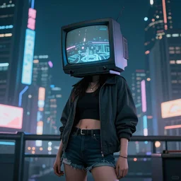 a girl with a CRT TV head in a cyberpunk city