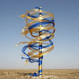 a pole made of millions of thin ribbons and threads of translucent gold and blue fabric that are twisting, swirling, unraveling, and pulling apart in the wind of an ancient landscape, unreal engine