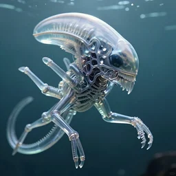 3D render of an single translucid xenomorph in underwater environment,  omnious , elegant,  reflections, focus, detailed, realistic eyes, horizontal partial symmetry features proportions, intricate facial skin details, award winning, trending in cgsociety artstation deviant art, octane render