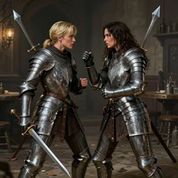 charlize theron fighting with kate beckinsale, medieval weapon, fullplate armor, tavern background, dnd fantasy art by greg rutkovski