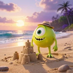 3 d octane render, of an anthropomorphic lemon character looks like a monster from the movie وmonsters inc, with lemon skin texture, he is wearing a hat, building a sandcastle on the beach at sunset, beach, huge waves, sun, clouds, long violet and green trees, rim light, cinematic photography, professional, sand, sandcastle, volumetric lightening