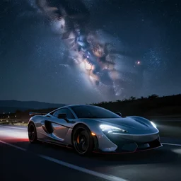 professional photography of sport car drive to the Milky Way,