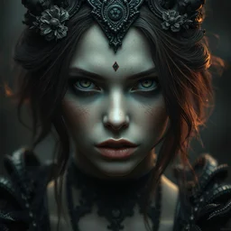 portrait of an woman | dark, fantasy, character, realism, intricate details | exif, very detailed, intricate details | by bastien lecouffe - deharme & steve henderson
