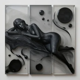 black 3 d female body silhouette sleeping in liquid acrylic rectangles and circles fluid drops, art noveauand art deco, modern, black colors, grey color pallete, cinestill, 7 0 mm photography, photography by amy leibowitz and volfgang schneider, bodypainting, painting by morava and goldalh, artstation, epic concept art, beautiful female face matte painting