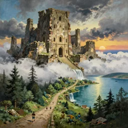 painting by rhads, sargent and leyendecker and greg hildebrandt, apollinaris vasnetsov, savrasov levitan polenov, studio ghibly style mononoke, huge old ruins giovanni paolo panini, middle earth above the layered low clouds waterfall road between forests big lake wide river trees sunrise sea bay view faroe azores overcast storm masterpiece